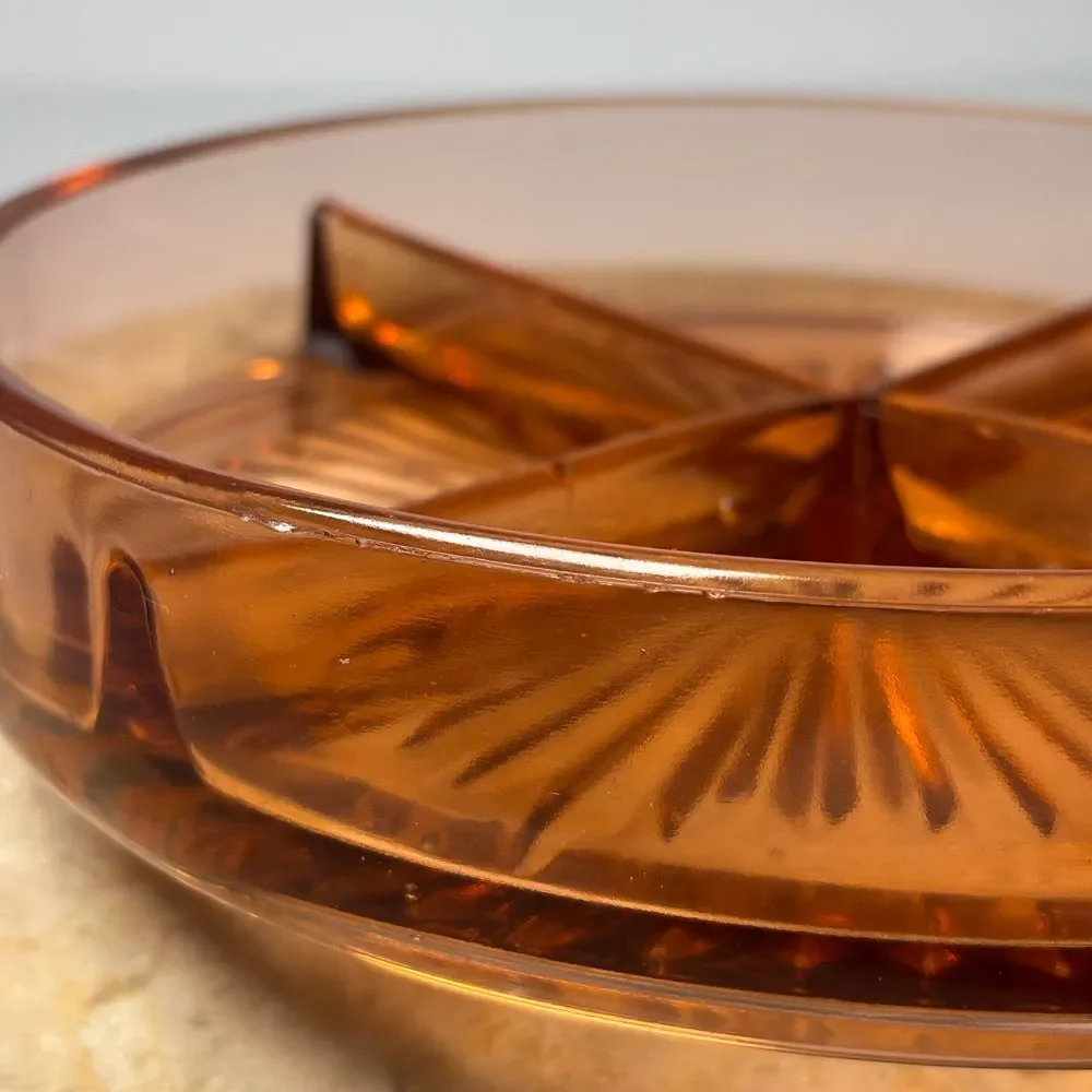Vintage Pink Depression Glass Divided 4 Section‎ Round Serving Candy Dish 8